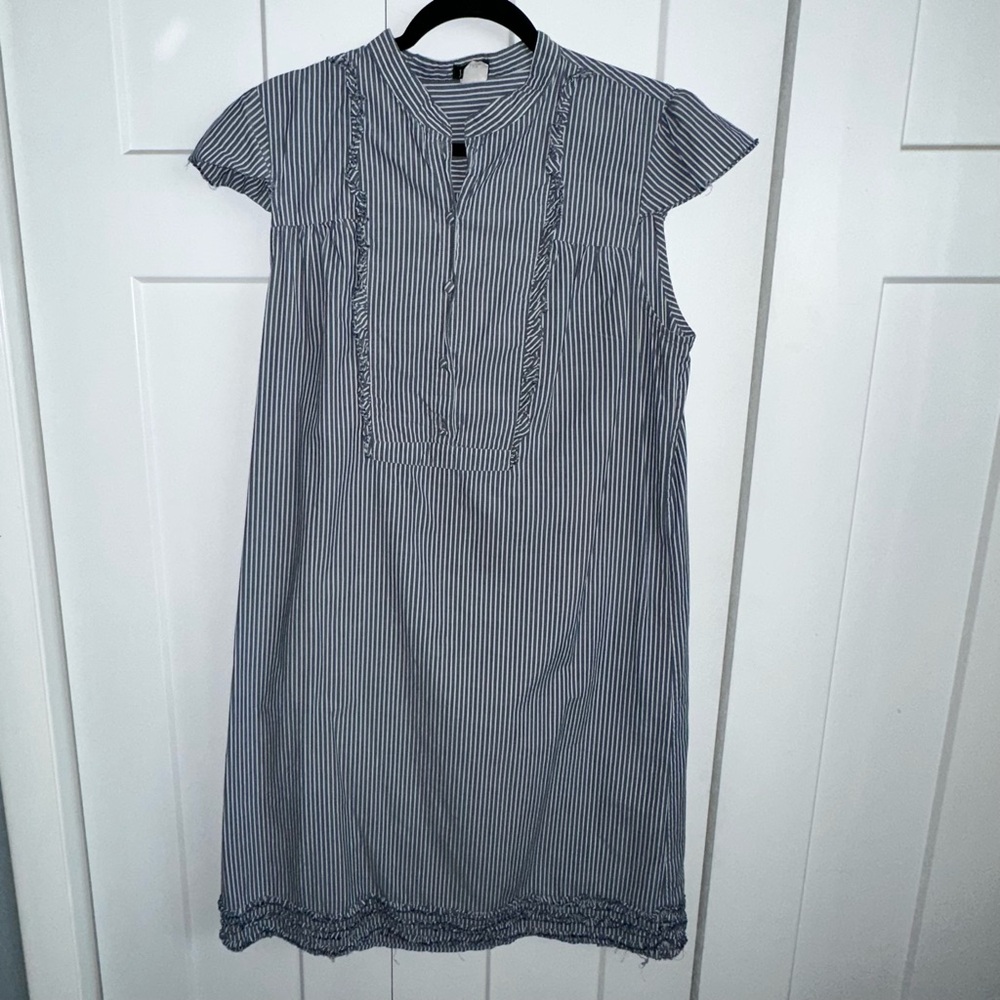 Women's J. Crew Gray and White Stripe Dress with Ruffles and Cap Sleeves - 12